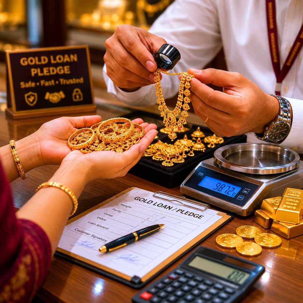 Expert verifying gold jewellery quality and weight during the bulk gold buying process