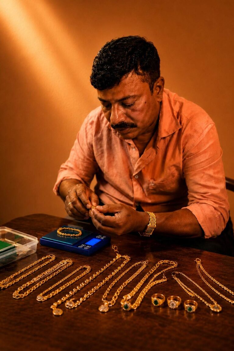 Professional appraiser examining multiple gold jewellery items for bulk gold buying