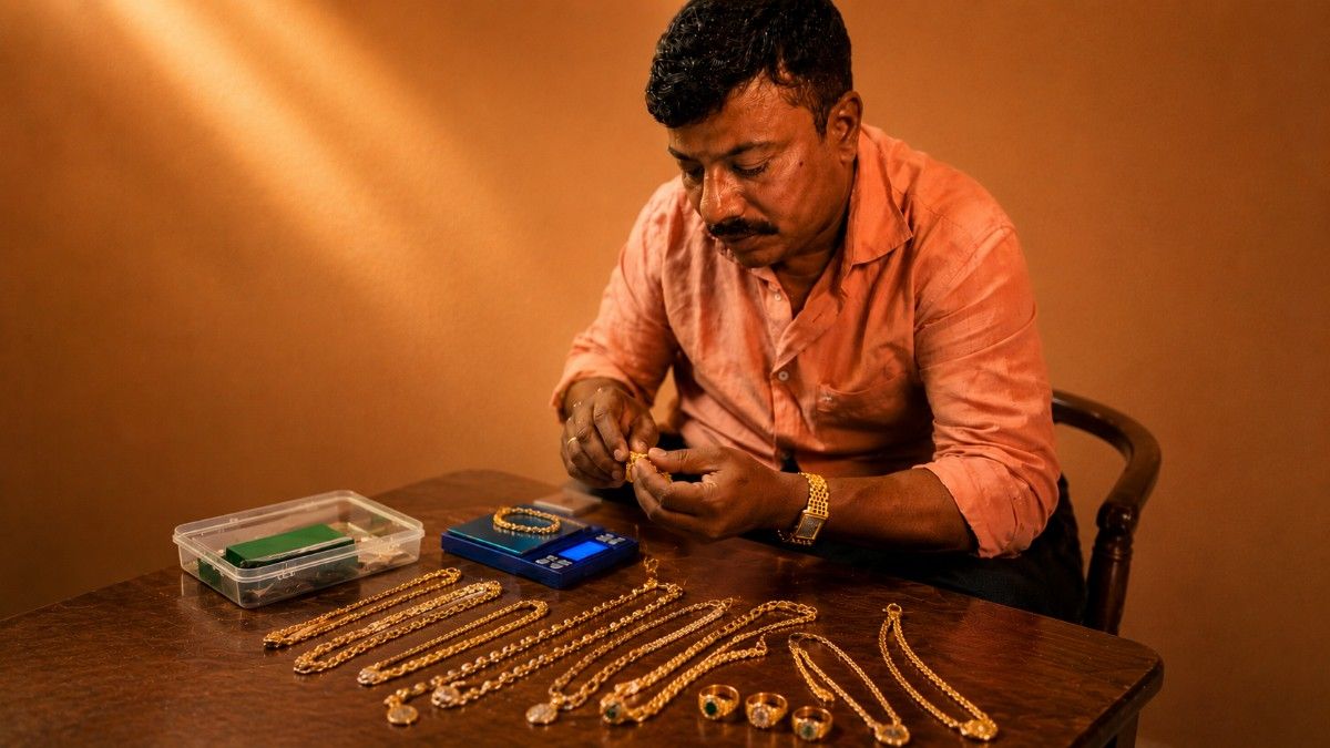 Experienced gold valuation specialist examining jewellery for accurate assessment and pricing