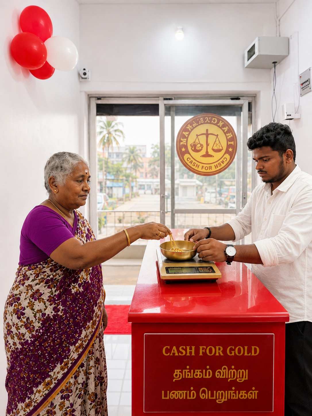Staff weighing customer gold jewellery using digital scale at Thangapanam gold buying centre.