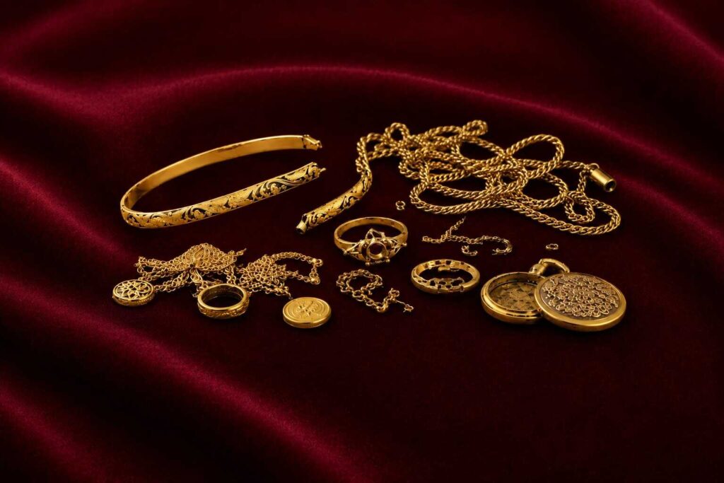 Old gold chains, rings, pendants and ornaments ready for professional gold evaluation