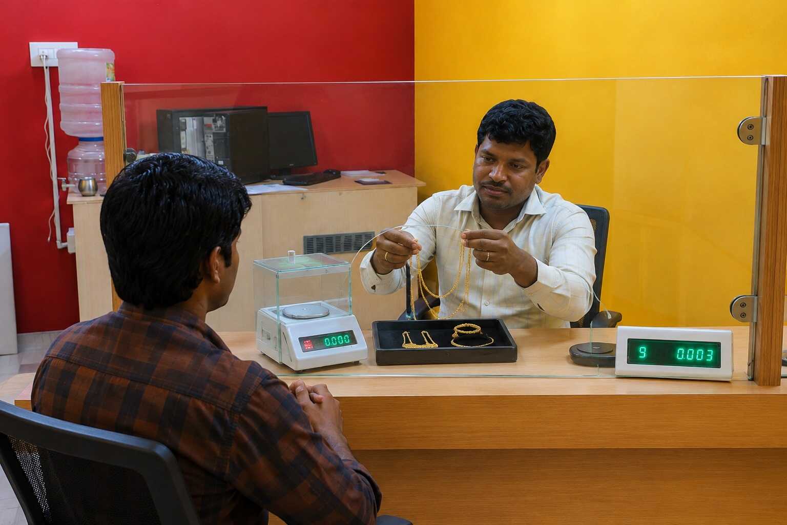 Gold expert discussing valuation and pricing with a customer for bulk gold buying