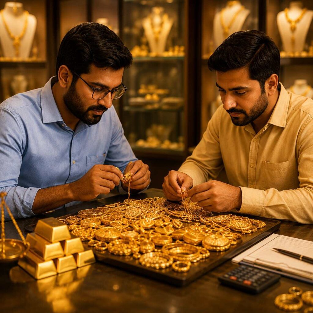 Experts examining a large collection of gold jewellery for bulk gold buying services