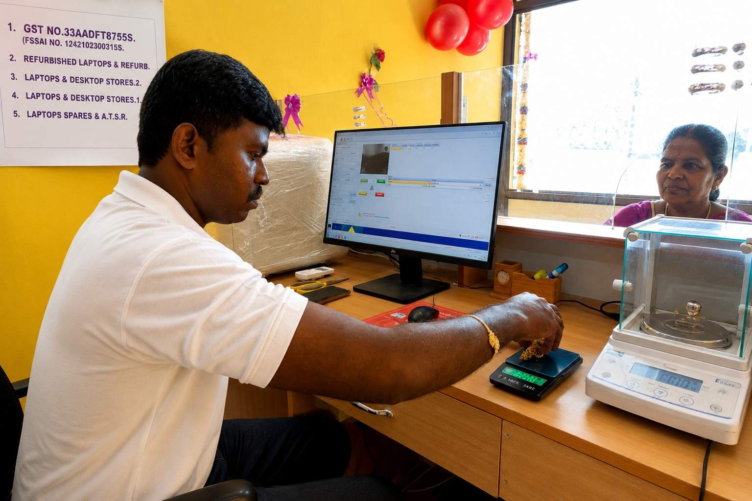 Expert evaluating gold jewellery on a digital weighing scale before offering cash for gold