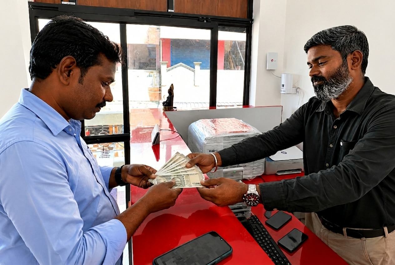 Customer receiving instant cash payment after selling gold jewellery at Thangapanam