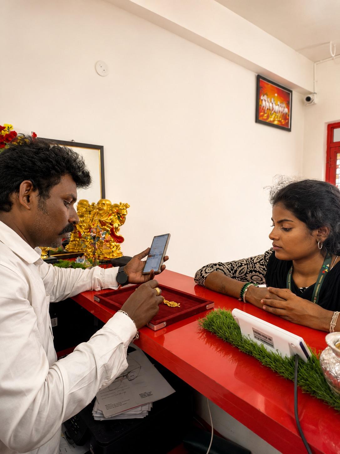 Expert evaluating customer gold jewellery with transparent valuation process at Thangapanam.